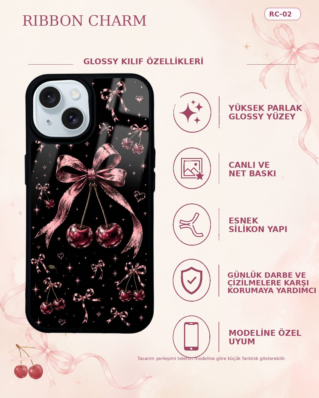 Açık Pembe Fiyonklu Kiraz desenli telefon kılıfı özellikleri