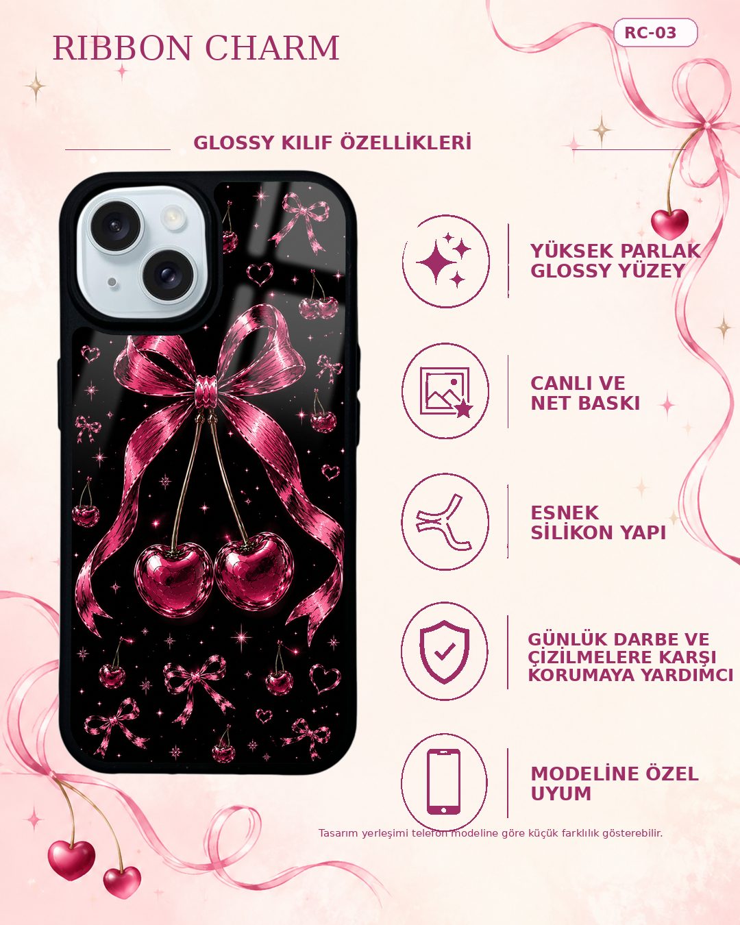 Parlak Pembe Fiyonklu Kiraz desenli telefon kılıfı özellikleri