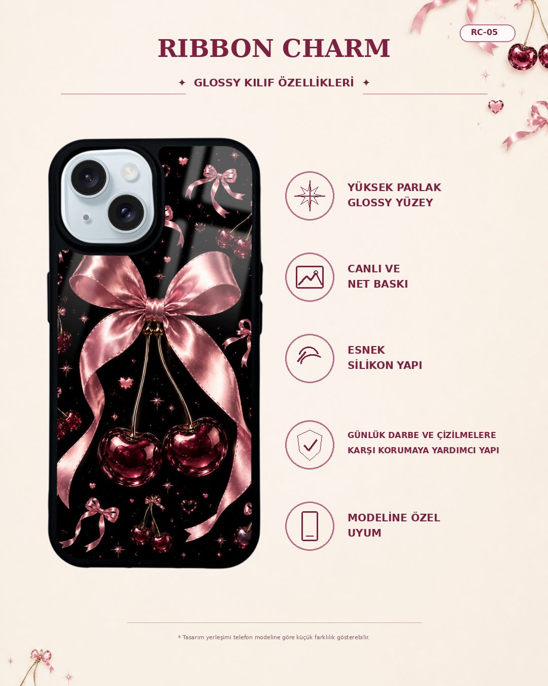 Gül Kurusu Fiyonklu Kiraz desenli telefon kılıfı özellikleri