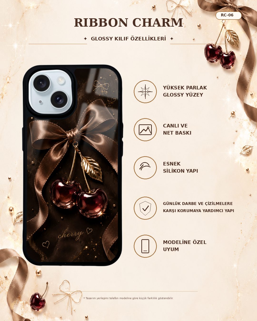 Kahve Fiyonklu Kiraz desenli telefon kılıfı özellikleri