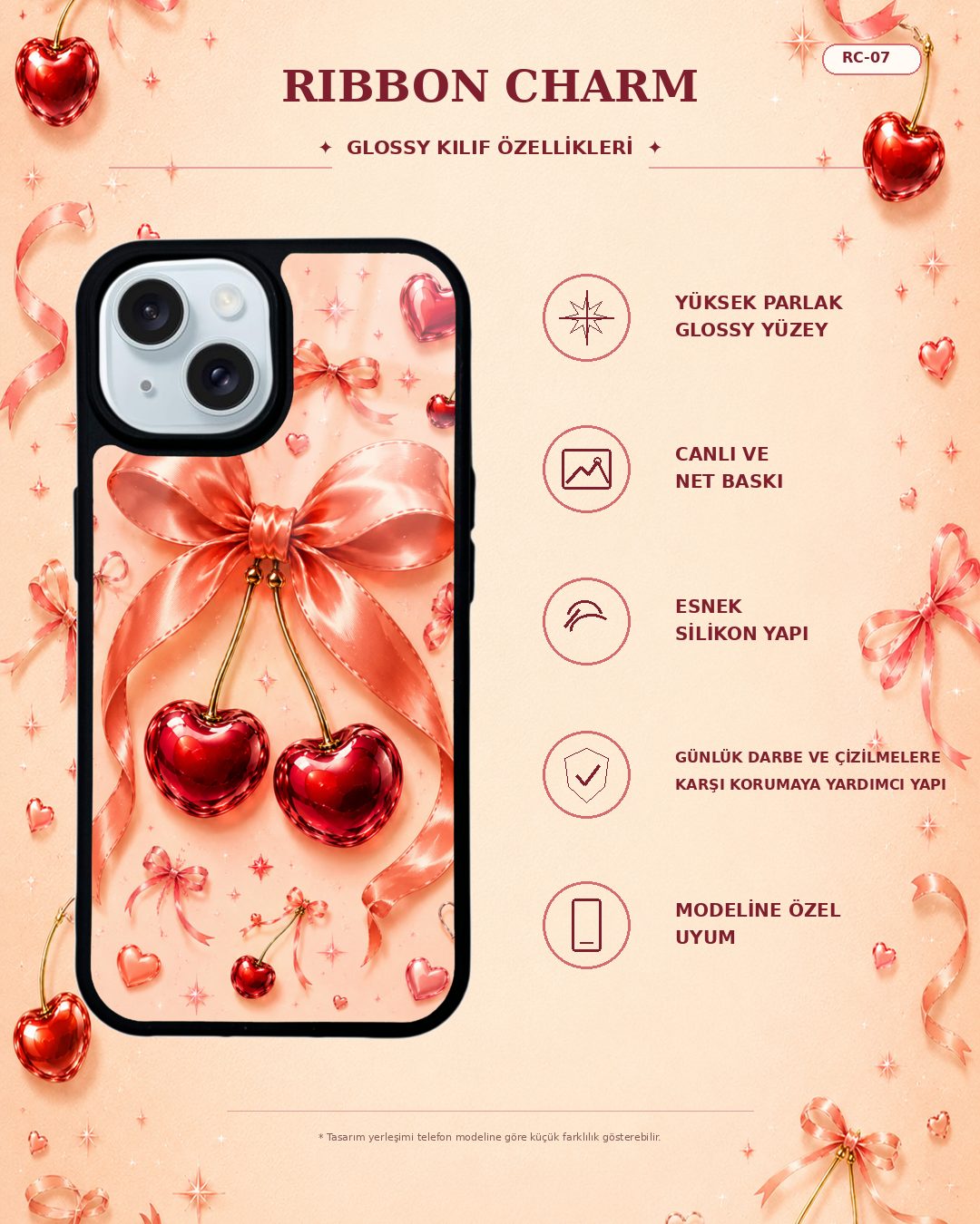 Kavuniçi Fiyonklu Kiraz desenli telefon kılıfı özellikleri