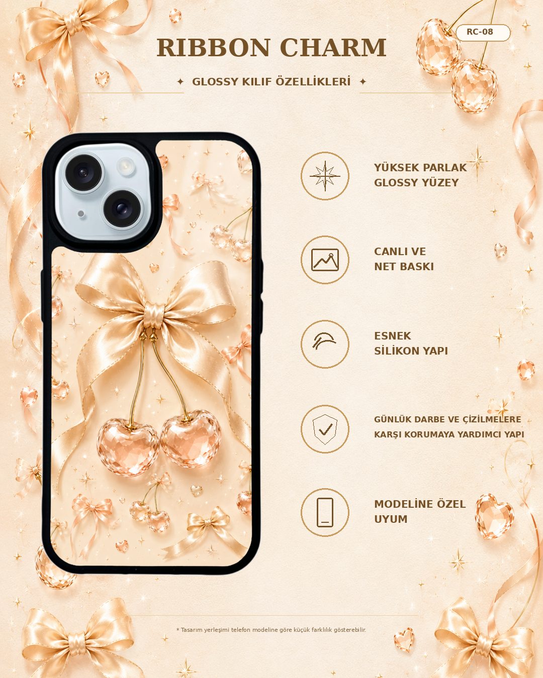 Kristal Fiyonklu Kiraz desenli telefon kılıfı özellikleri