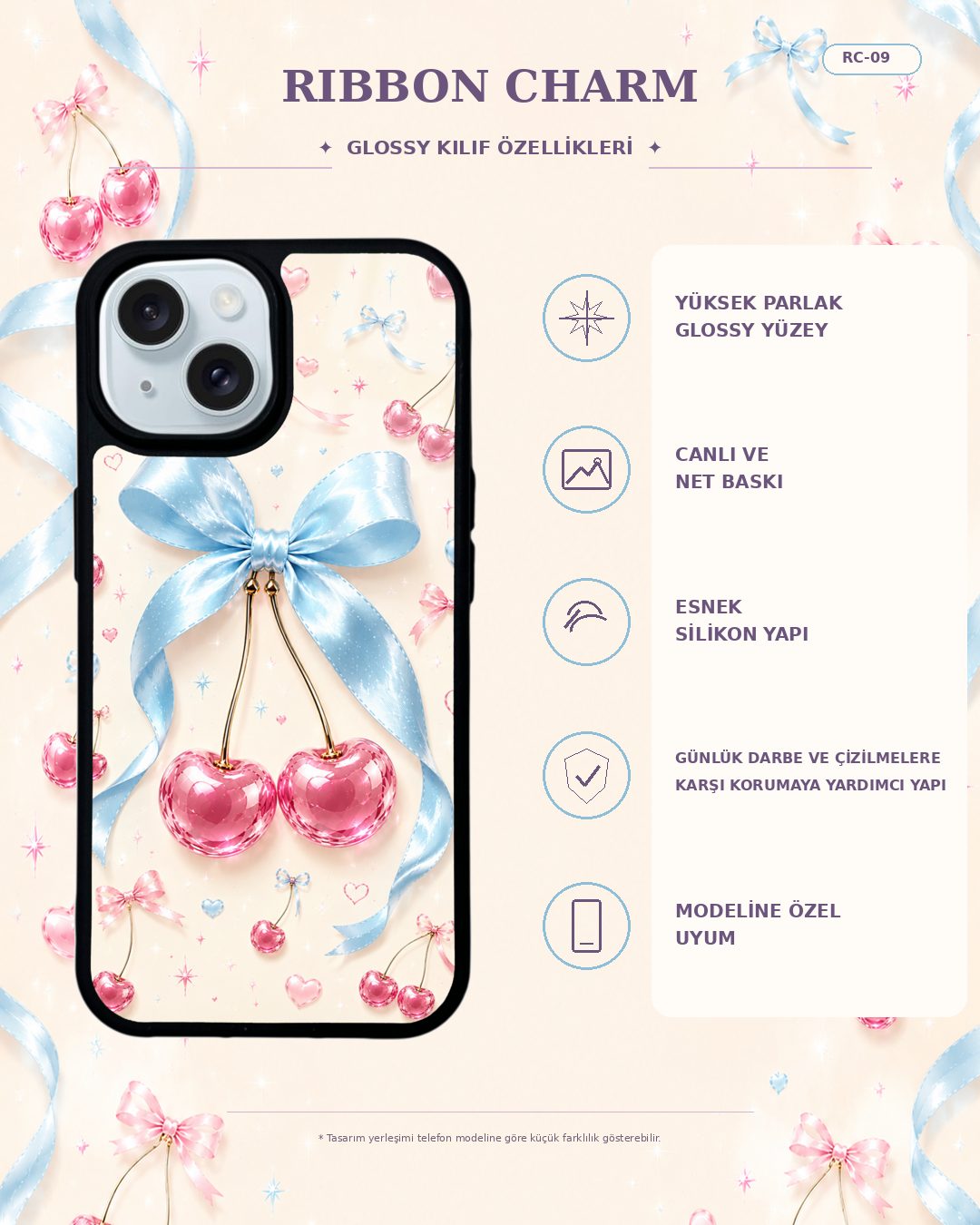 Bebek Mavisi Fiyonklu Kiraz desenli telefon kılıfı özellikleri