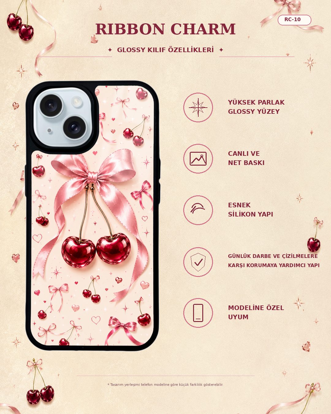 Pembe Fiyonklu Kiraz desenli telefon kılıfı özellikleri