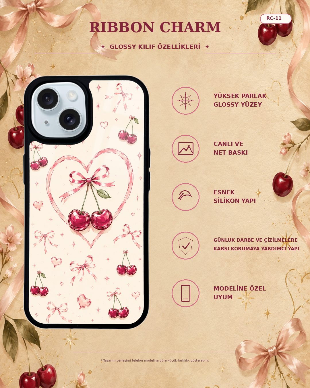 Kalp Çerçeveli Kiraz desenli telefon kılıfı özellikleri