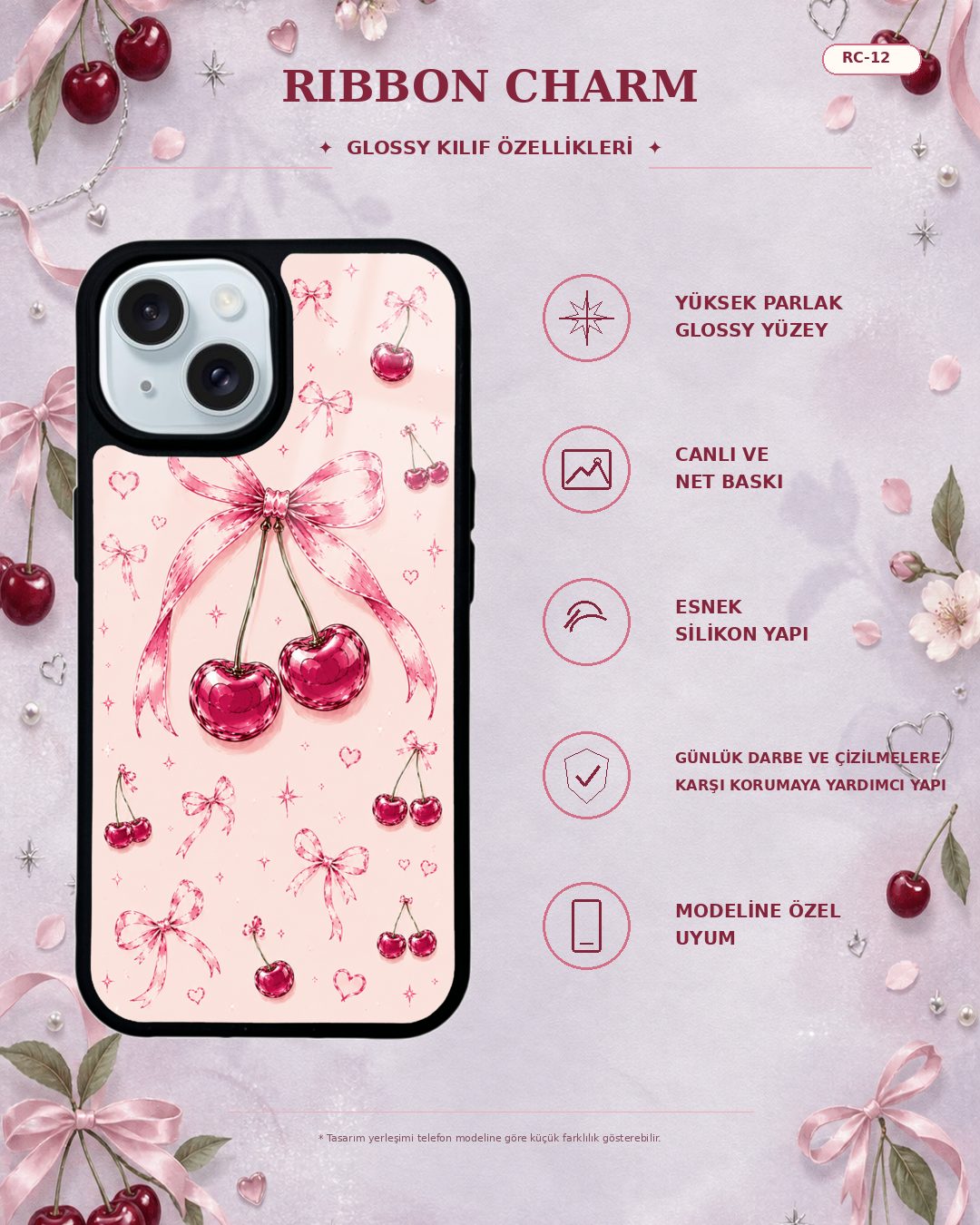 Pudra Pembe Fiyonklu Kiraz desenli telefon kılıfı özellikleri