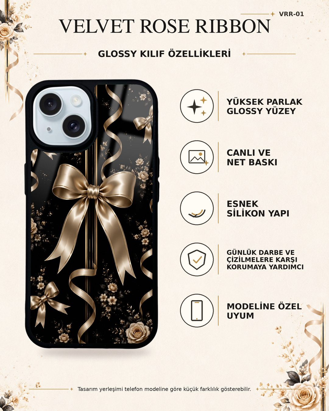 Altın Saten Fiyonk desenli telefon kılıfı özellikleri