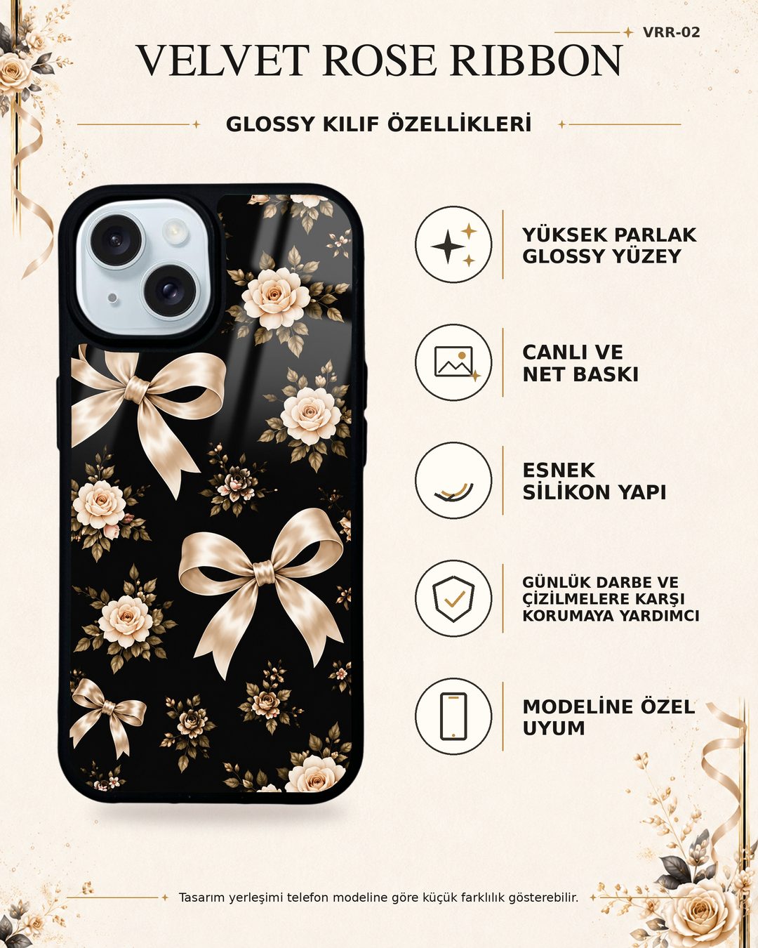 Krem Güllü Fiyonk desenli telefon kılıfı özellikleri