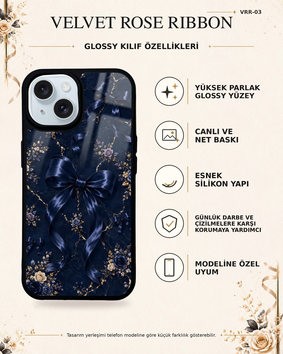 Lacivert Saten Fiyonk desenli telefon kılıfı özellikleri