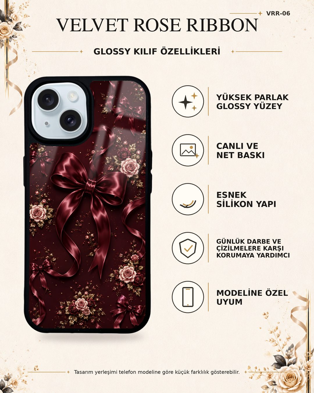 Bordo Saten Fiyonk desenli telefon kılıfı özellikleri
