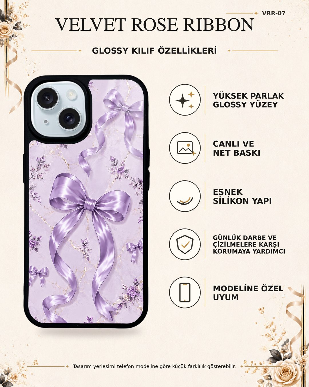 Lila Saten Fiyonk desenli telefon kılıfı özellikleri