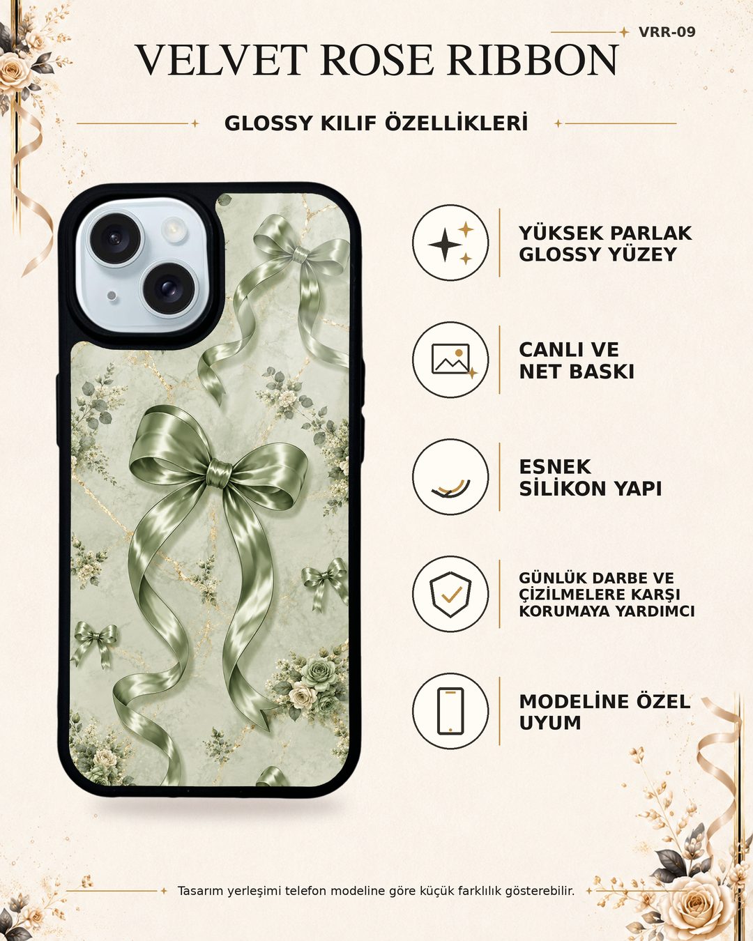 Adaçayı Saten Fiyonk desenli telefon kılıfı özellikleri
