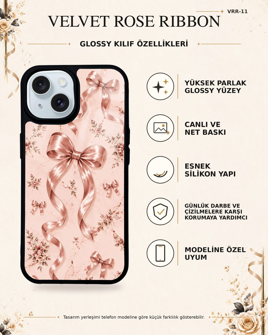 Pudra Saten Fiyonk desenli telefon kılıfı özellikleri