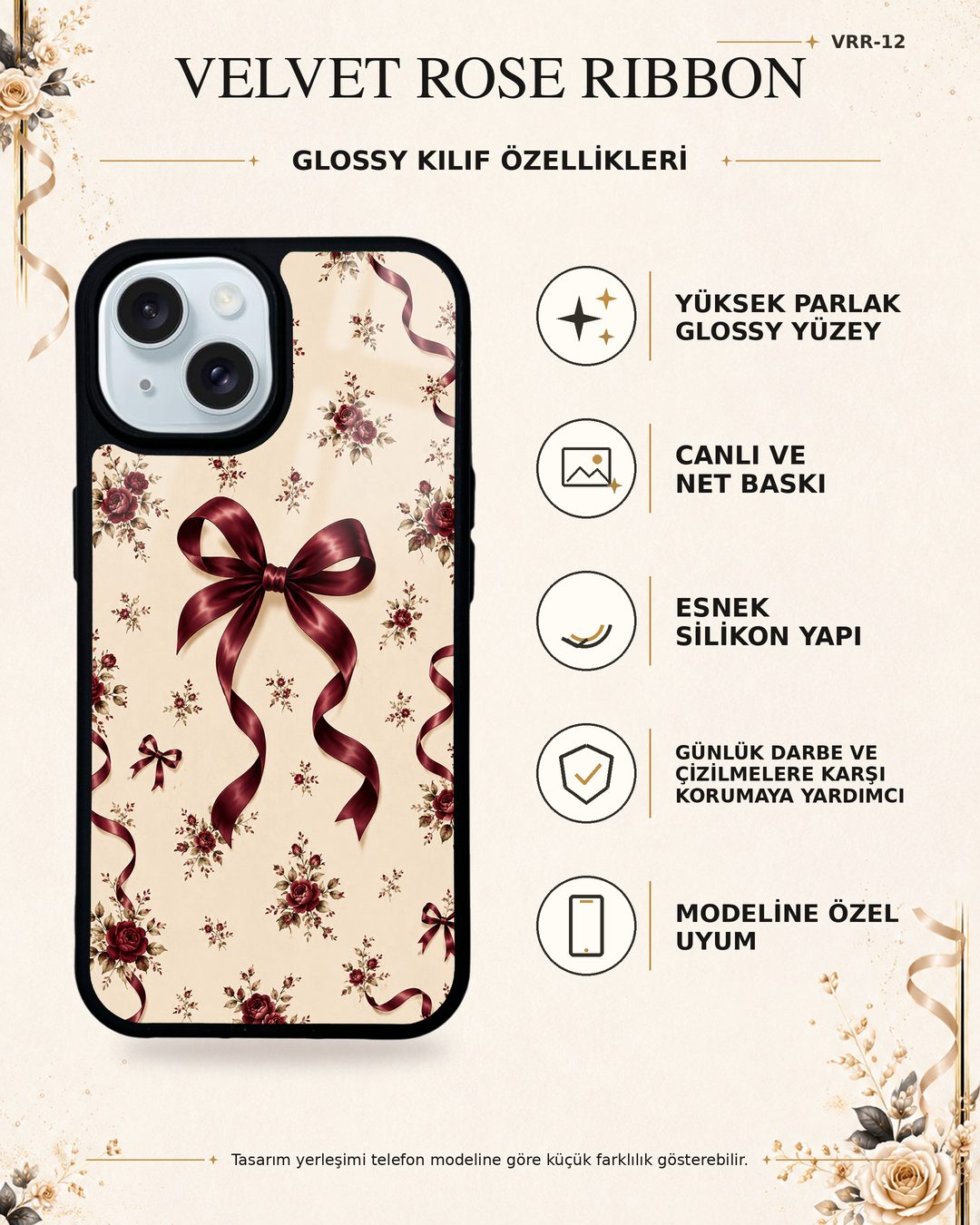 Bordo Güllü Fiyonk desenli telefon kılıfı özellikleri