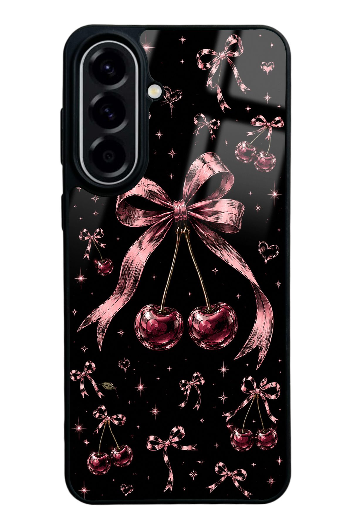 Açık Pembe Fiyonklu Kiraz desenli telefon kılıfı — Samsung A57